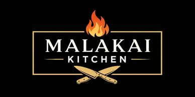 Malakai Kitchen logo with flames and crossed knives on black background.