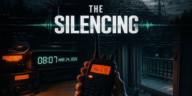 A tense scene with a hand holding a walkie-talkie in a dark room, titled The Silencing.