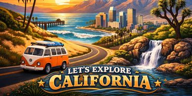 Vintage van driving along a scenic California coast at sunset.