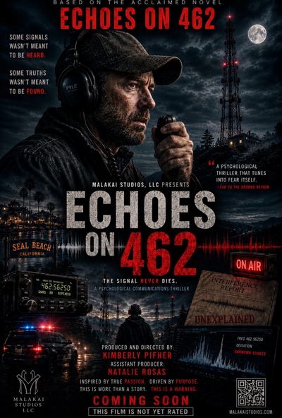 Dark, suspenseful thriller poster featuring a man with a radio and a mysterious signal tower.
