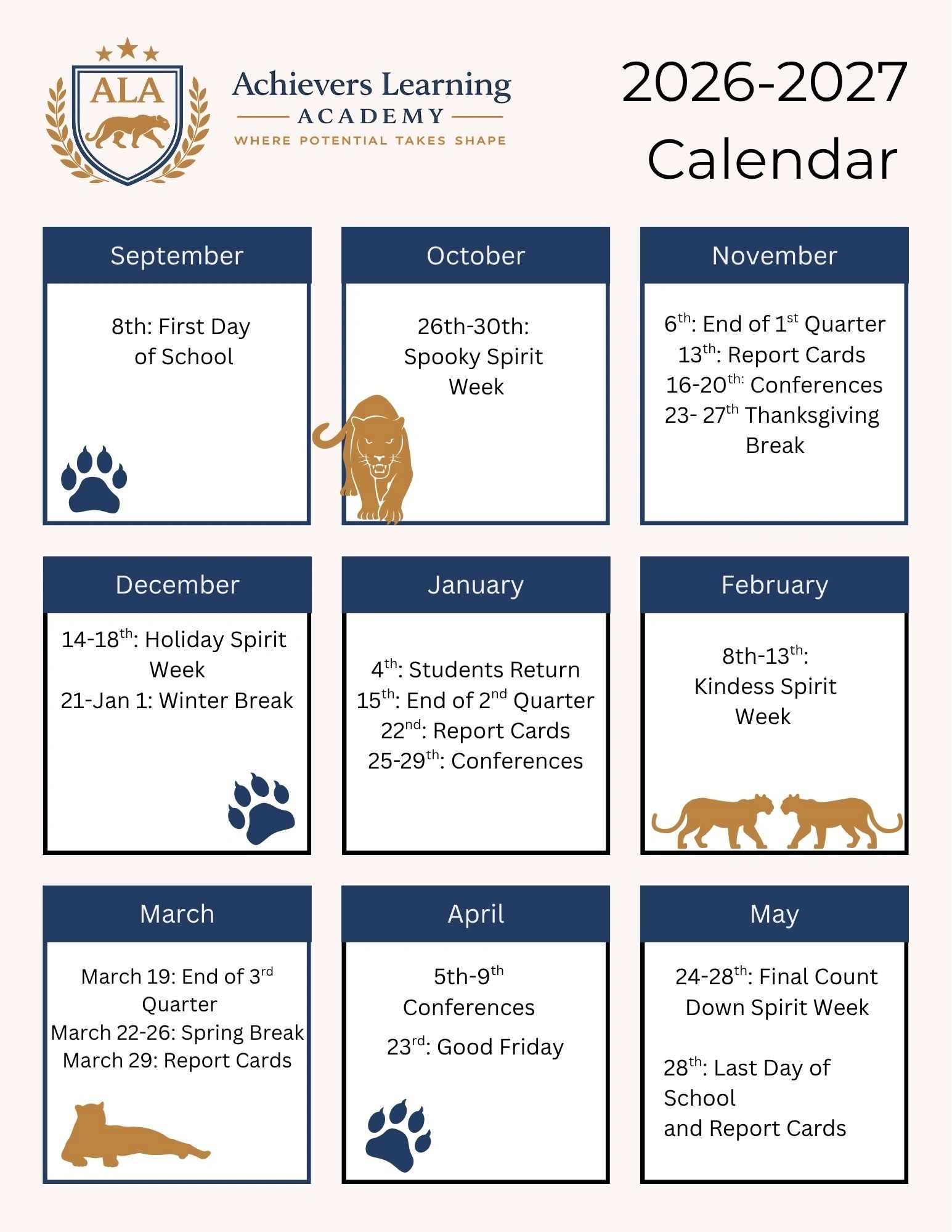 Achievers Learning Academy 2026-2027 calendar with key school dates and events.