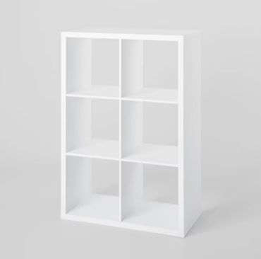 White six-cube storage shelf unit.