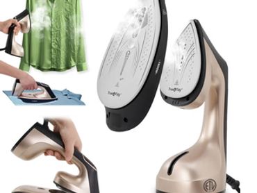 Multi-function handheld steam iron shown in different uses.