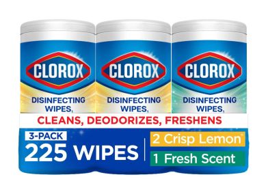Clorox disinfecting wipes 3-pack with 225 wipes.