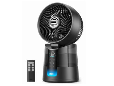 Compact black air circulator fan with remote control.