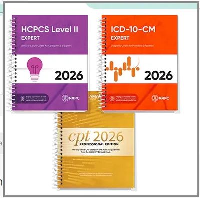 Three 2026 medical coding books with distinct purple, orange, and yellow covers.