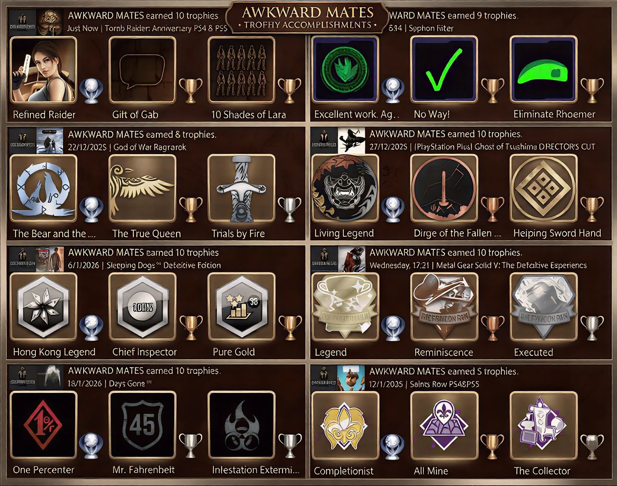 Gaming trophies earned by AWKWARD MATES in various PlayStation games.