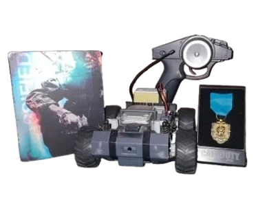 RC car with Call of Duty theme and medal.