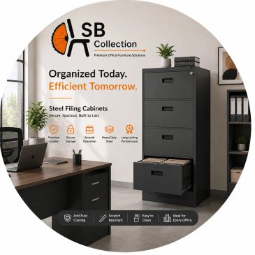 Modern steel filing cabinets in a sleek office setup, promoting organization and efficiency.