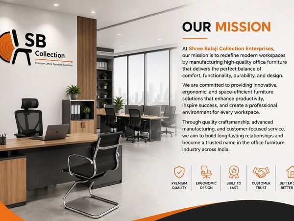 Modern office space showcasing ergonomic furniture and a clear mission statement for high-quality workspaces.
