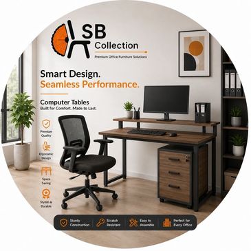 Modern office setup featuring ergonomic chair and stylish wooden computer table.