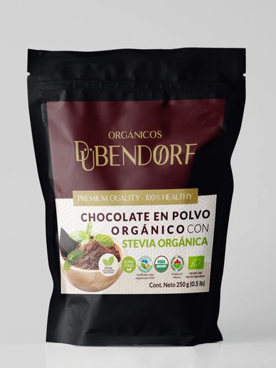 Chocolate Con Stevia Orgánico en Polvo, Bolsa 250 gr, certificado orgánico México, USDA, Canadá, UE