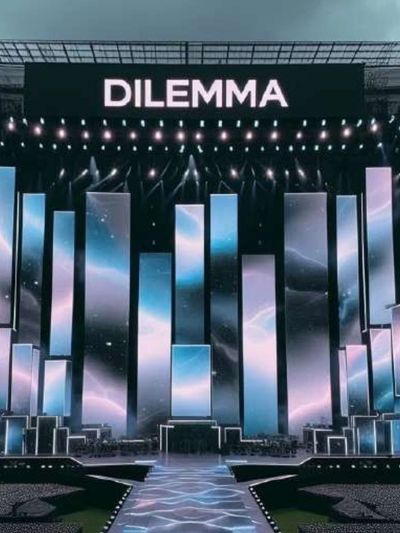 تصميم مسرحي مستقبلي مزود بشاشات LED رقمية طويلة تعرض صورًا متزامنة، مما يمثل نظام عرض احترافي وخدمات تصميم المسرح.