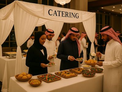 Catering station managed by Rizq Events featuring traditional Saudi hospitality, gourmet buffet dishes, and live service setup during a corporate event in Khobar.