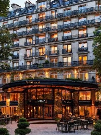 منظر خارجي لمبنى فندق فاخر مضاء ليلاً، يعرض أماكن إقامة مميزة مناسبة لخدمات حجز الفنادق لكبار الشخصيات.