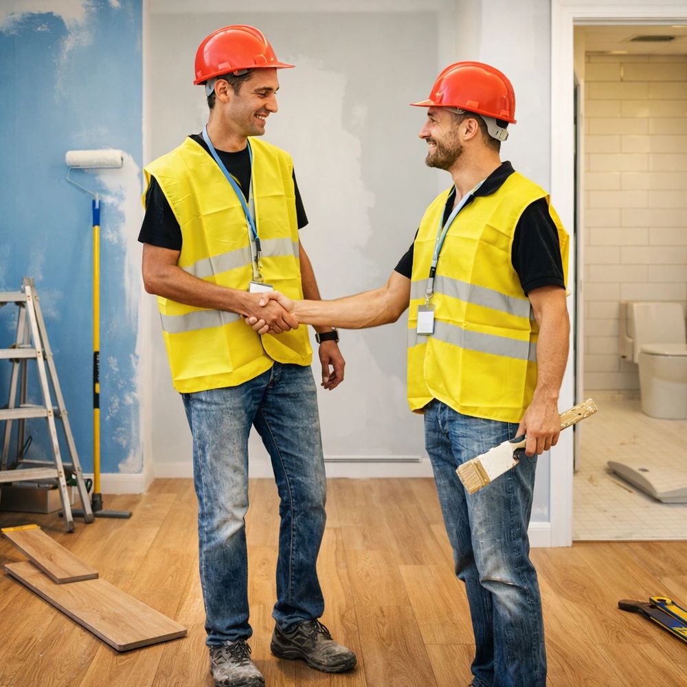 Two construction workers shaking hands at a renovation site.