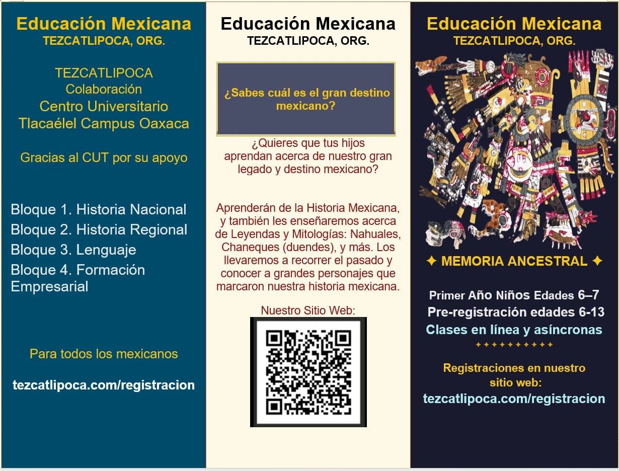 Flyer promoting Mexican education with history, mythology, and ancestral memory classes for children.