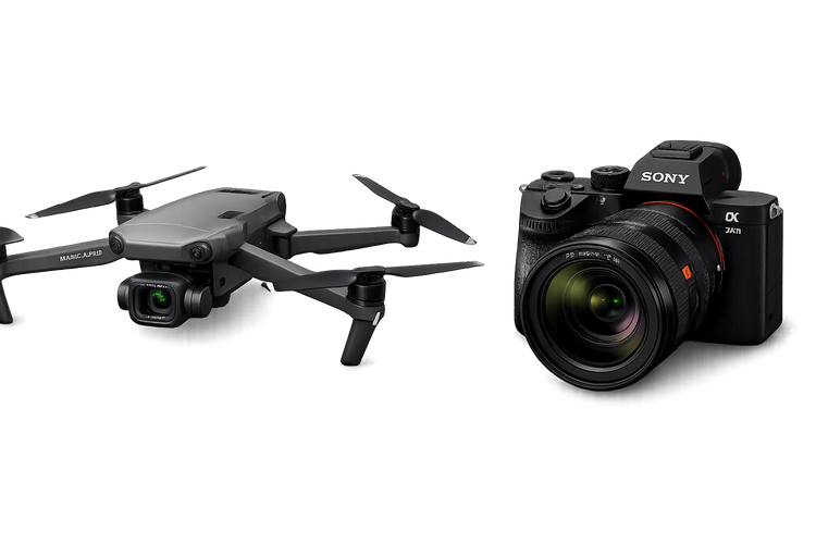 A drone and a Sony Alpha camera side by side on a grey background.