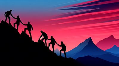 Silhouettes of executives climbing a mountain at dawn.