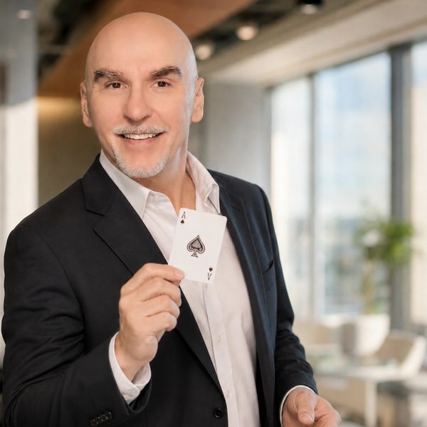 Smiling man in suit holding ace of spades card indoors.