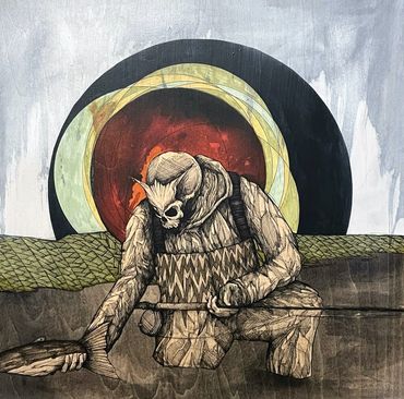 Skull figure holding a fish, flyfishing