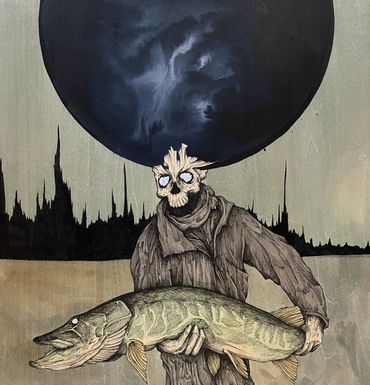 Musky Madness | 2023 | 12" x 12" | Pen and ink on wood panel