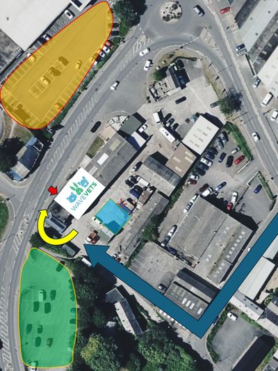Aerial view showing parking areas and route markings near Wavevets.