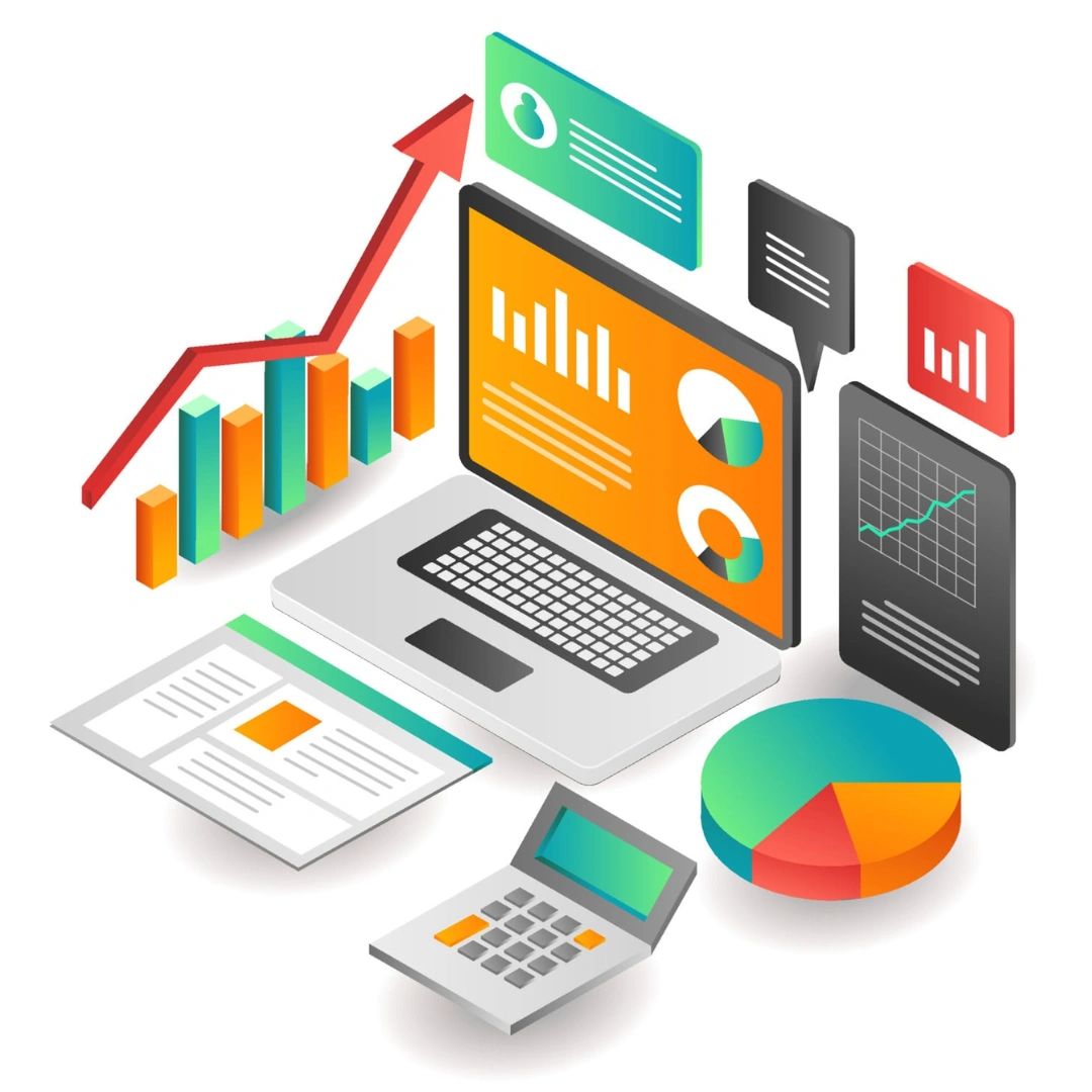 Isometric illustration of data analysis with charts, laptop, and calculator.
