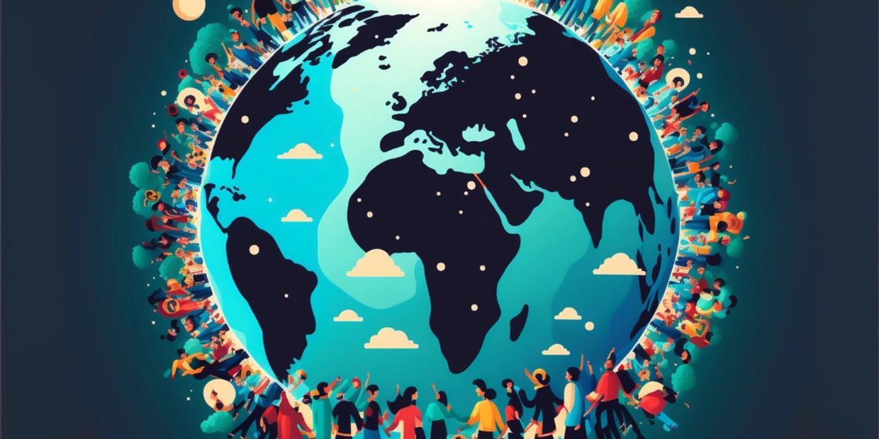 Illustration of diverse people holding hands around the Earth symbolizing unity.