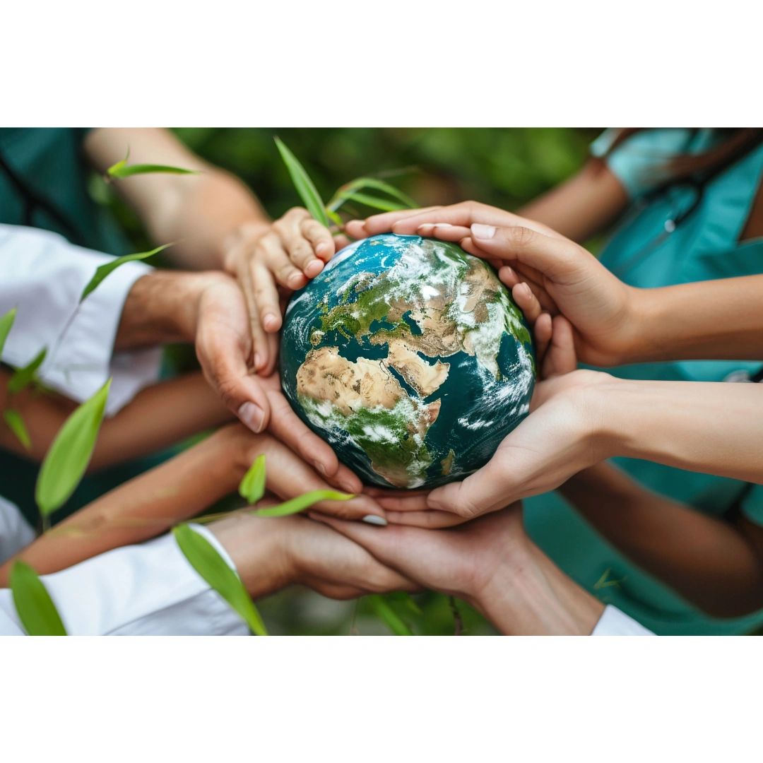 Multiple hands gently holding a small Earth model together, symbolizing global care.