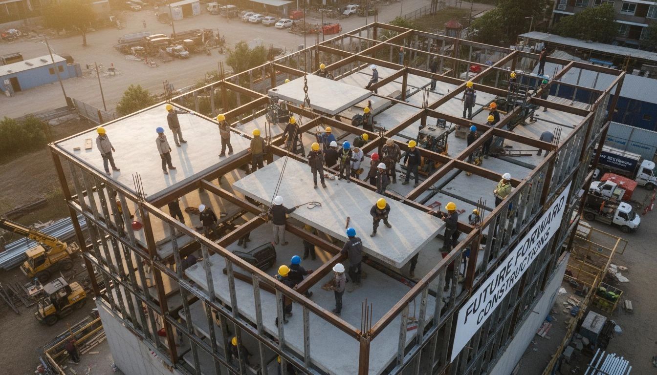 COnstruction workers install precast hollow core concrete plank slabs. provided by plank industries co