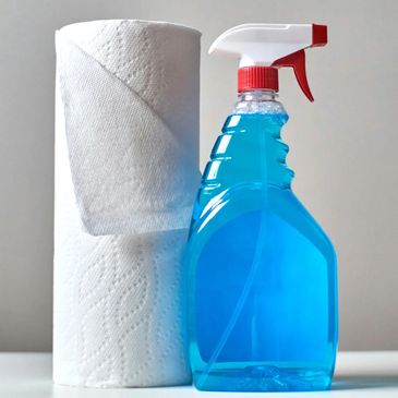 Paper towel roll and a unlabeled spray bottle containing blue liquid, plain white background.