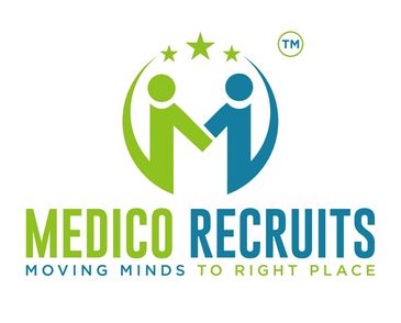 Logo of Medico Recruits with two figures shaking hands and three stars above.