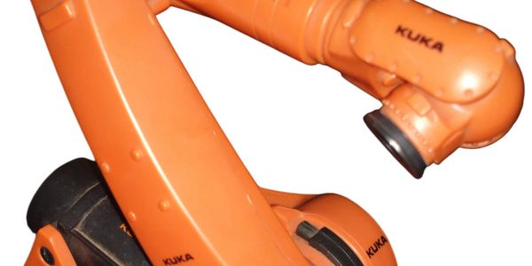 Orange KUKA industrial robotic arm isolated on white background.