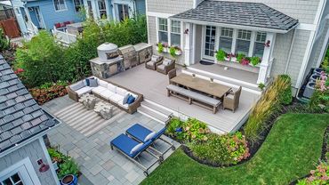 Backyard oasis, outdoor kitchen, pizza oven, gas fireplace, outdoor room, outdoor furniture, Lenox G