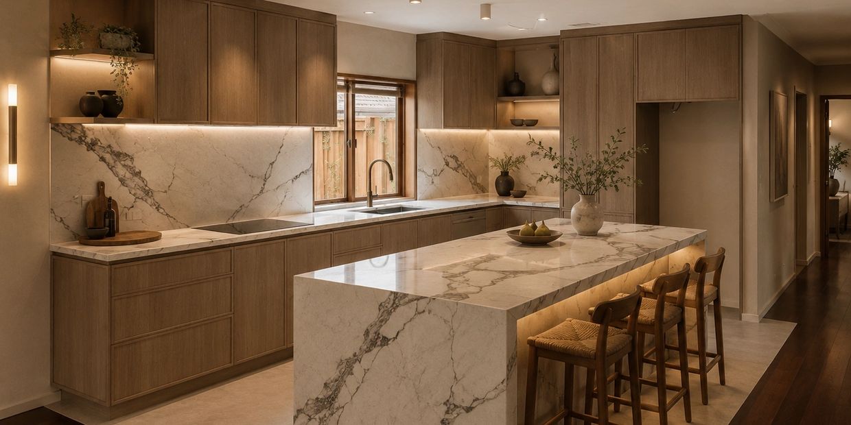 Modern kitchen with marble countertops and wooden cabinetry.