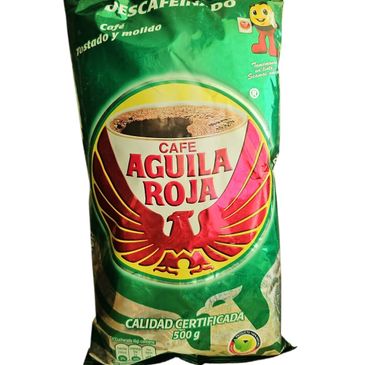 Bag of Cafe Aguila Roja decaffeinated coffee, 500g.