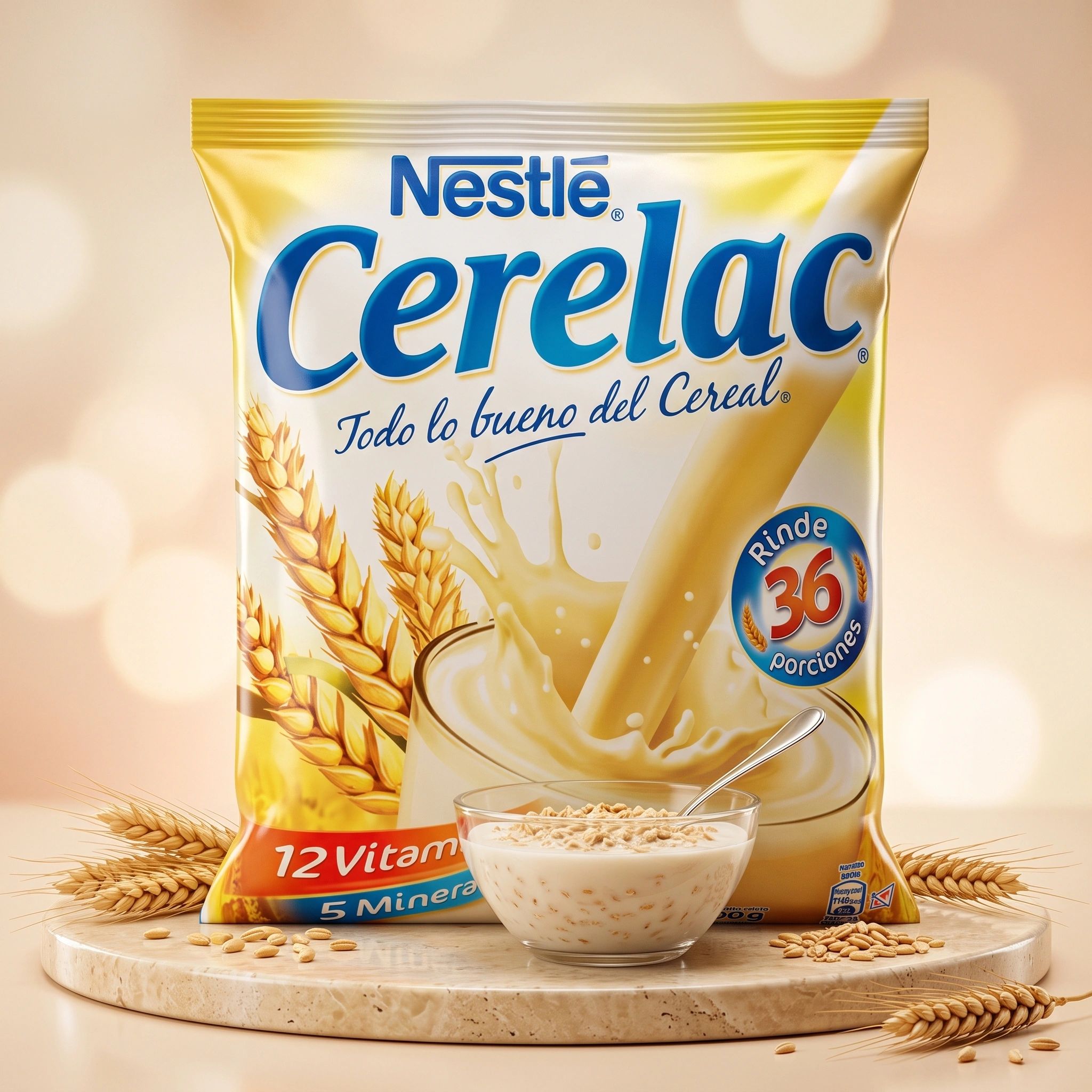 Paquete de cereales Nestlé Cerealac con leche y espigas de trigo.