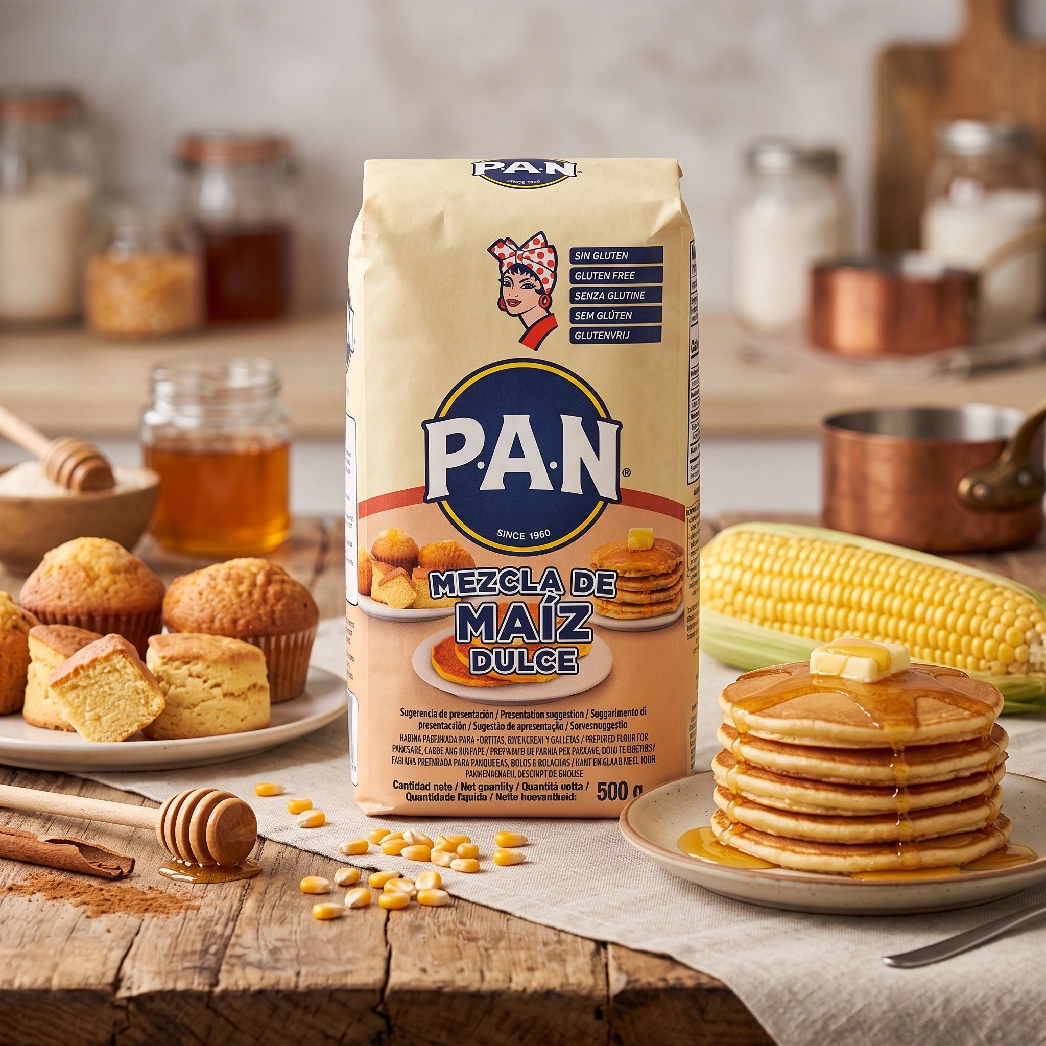 Paquete de mezcla de maíz dulce con panqueques y muffins.