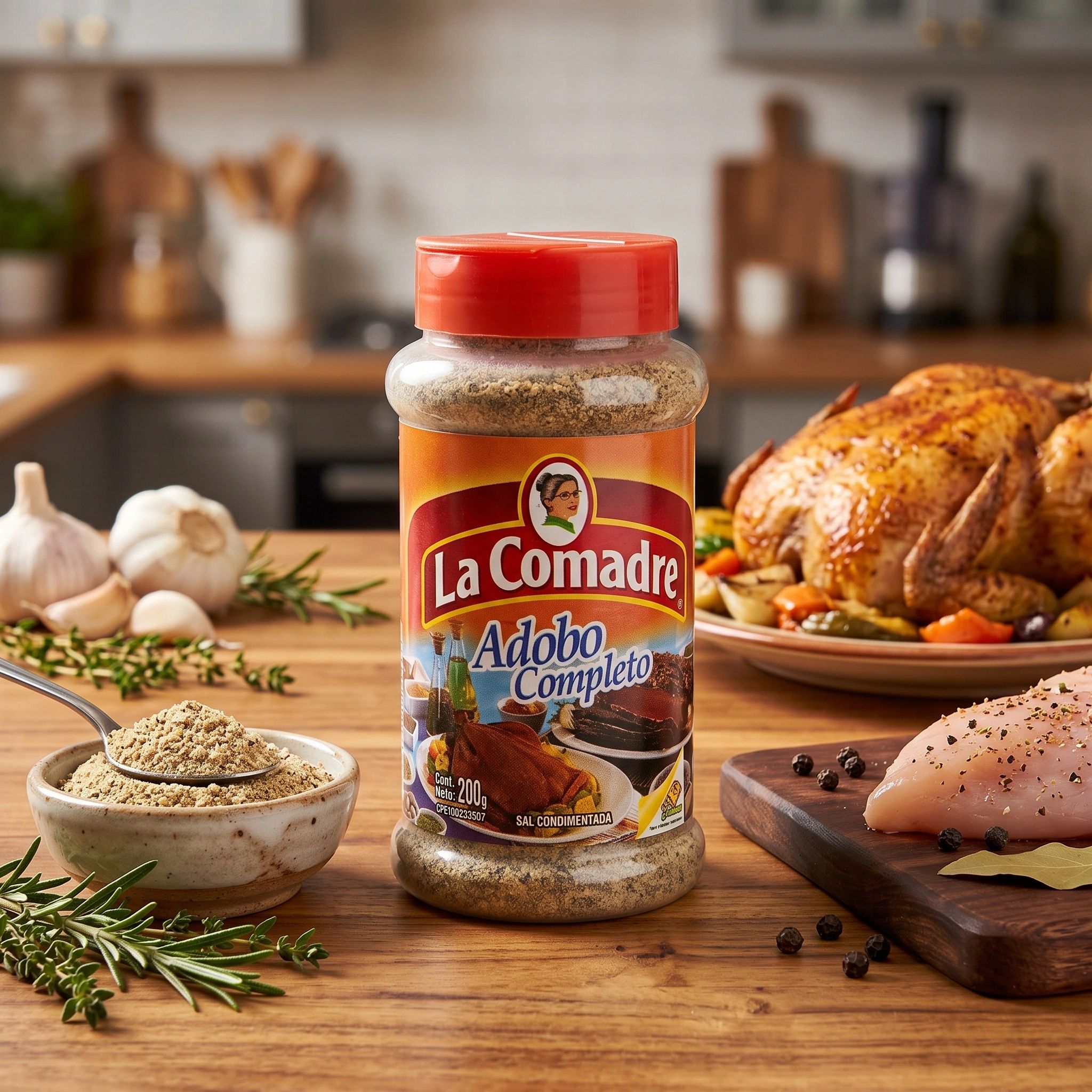 Frasco de adobo completo La Comadre con ingredientes y pollo.