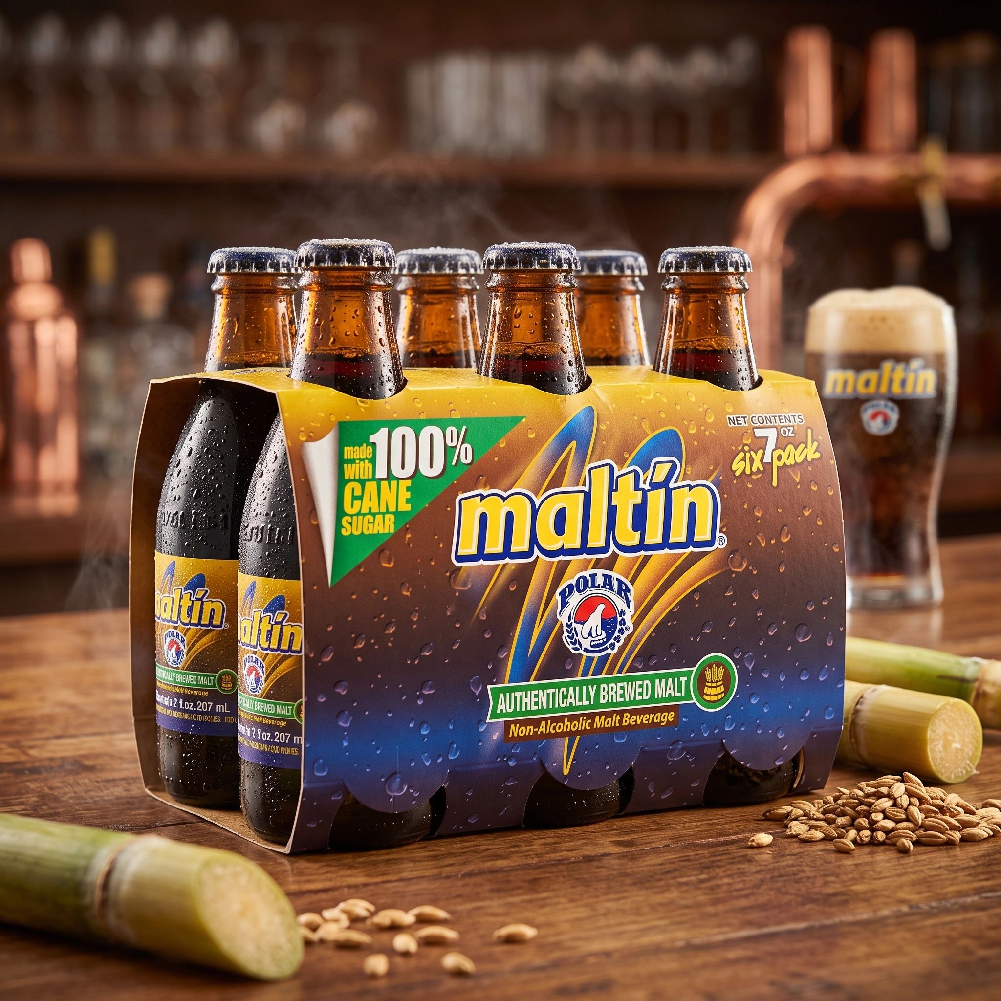 Seis botellas de maltín en envase amarillo con letras azules y verdes.
