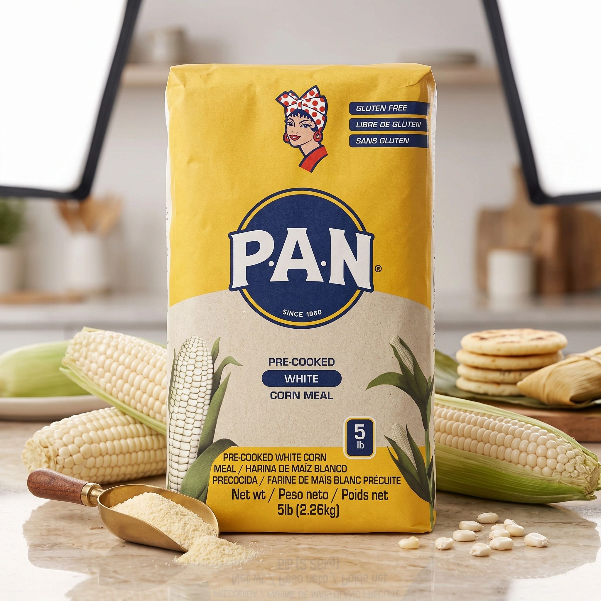 Paquete de harina de maíz blanca precocida P.A.N con mazorcas.