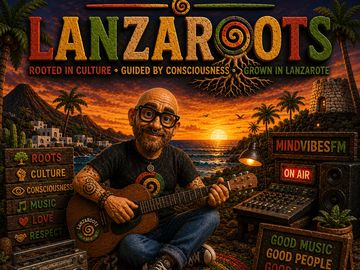 Animated man playing guitar at sunset promoting Lanzaroots music and culture.