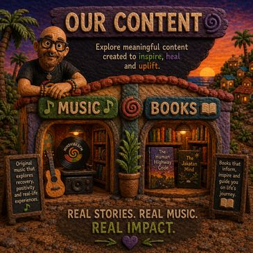 Illustration promoting content that inspires and uplifts through music and books.