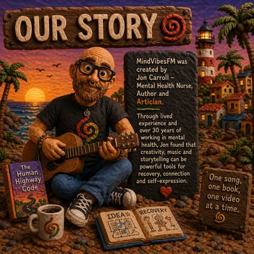 Animated man playing guitar by the beach with a story about MindVibesFM's creator.