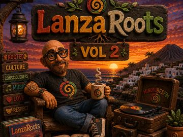 A relaxed man enjoying music at sunset with cultural and spiritual themes.