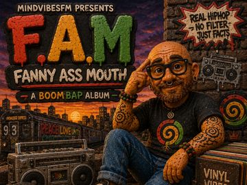 Animated album cover of a bald man with tattoos surrounded by hip-hop elements.