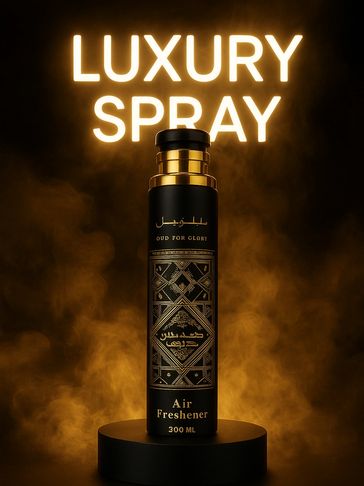Elegant black and gold air freshener bottle with 'Luxury Spray' glowing above it.