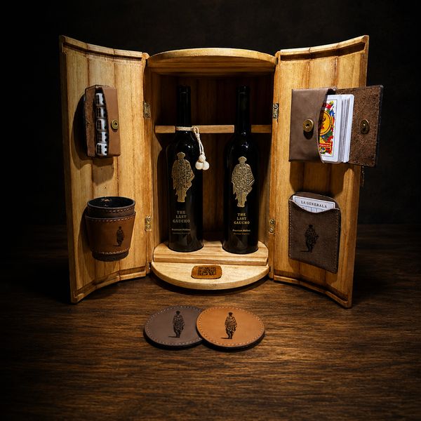 Elegant wooden box with two wine bottles and leather accessories.