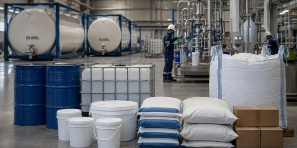 Almacén industrial con envases y dos trabajadores con casco.